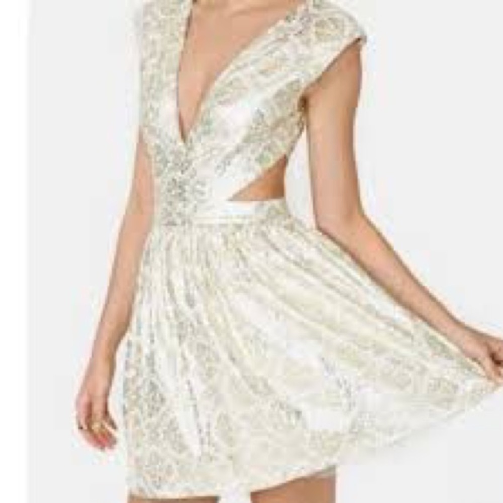 Mustard Seed Metallic Gold and White Plunging V Neck Cutout Peek A Boo Dress